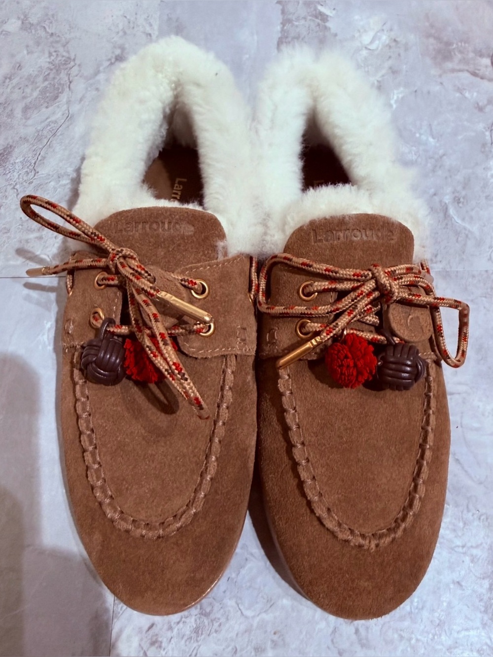 NWOT Larroudé Cyprus Boat Shoe Russet Suede & Shearling Moccasin Loafers- Size 9